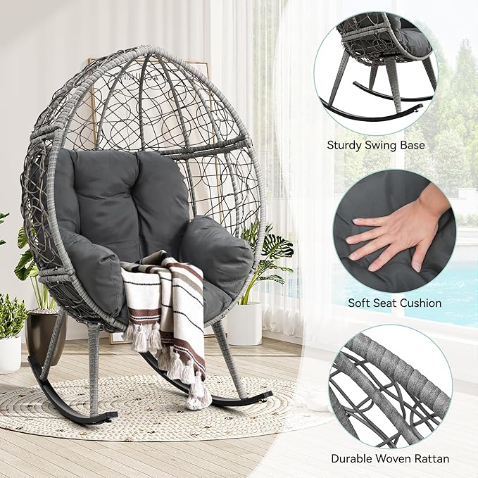 YITAHOME Wicker Rocking Egg Chair with Cushioned Comfort, Patio Rocker 250lb Capacity, Anti-Slip, All-Weather Resilient Rattan Design for Indoor & Outdoor Relaxation Spaces, Grey