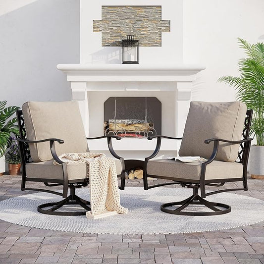 Metal Frame Outdoor Patio Swivel Chairs Set of 2 with 5.75" Extra Thick Cushion, 2 Piece High Back Swivel Patio Chairs Outdoor Furniture Seating for Deck Balcony Front Porch, Beige