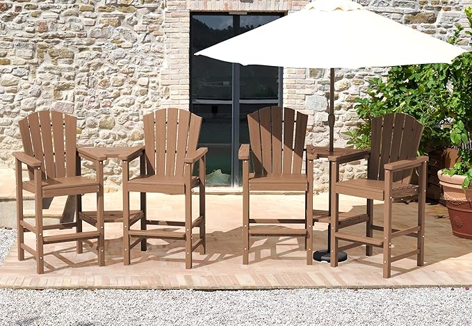 KINGYES Tall Adirondack Chair Set of 4, All Weather HDPE Embossed Balcony Height Chair with Double Connecting Trays, Tall Poly Adirondack Chair, High Airondack Chair with Wood Grain, Garden, Brown