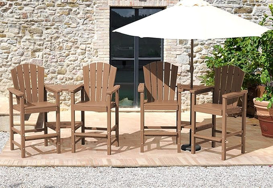 KINGYES Tall Adirondack Chair Set of 4, All Weather HDPE Embossed Balcony Height Chair with Double Connecting Trays, Tall Poly Adirondack Chair, High Airondack Chair with Wood Grain, Garden, Brown
