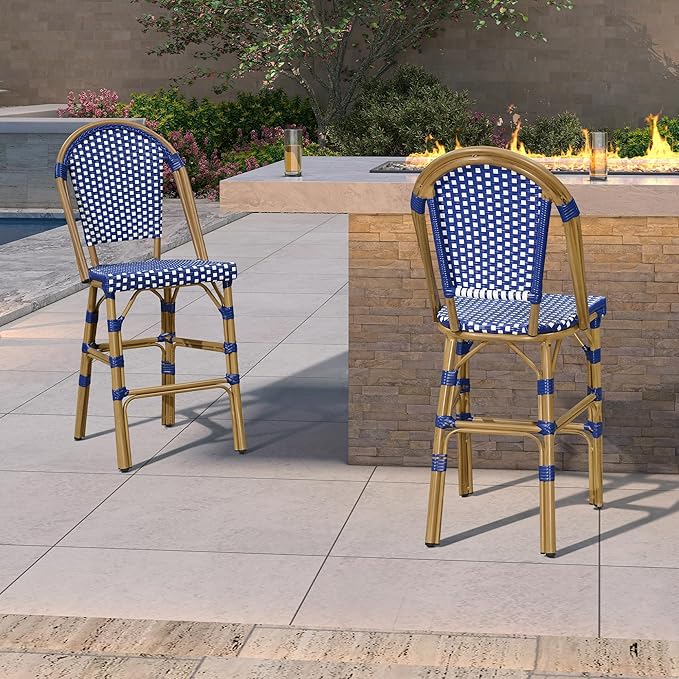 PURPLE LEAF French Counter Height Bar Stool Set of 4 25" Bamboo Print Finish Patio Bar Chairs with Back Rattan Bar Chairs French Bistro Set for Kitchen Outdoor Counter Stool Royal Blue