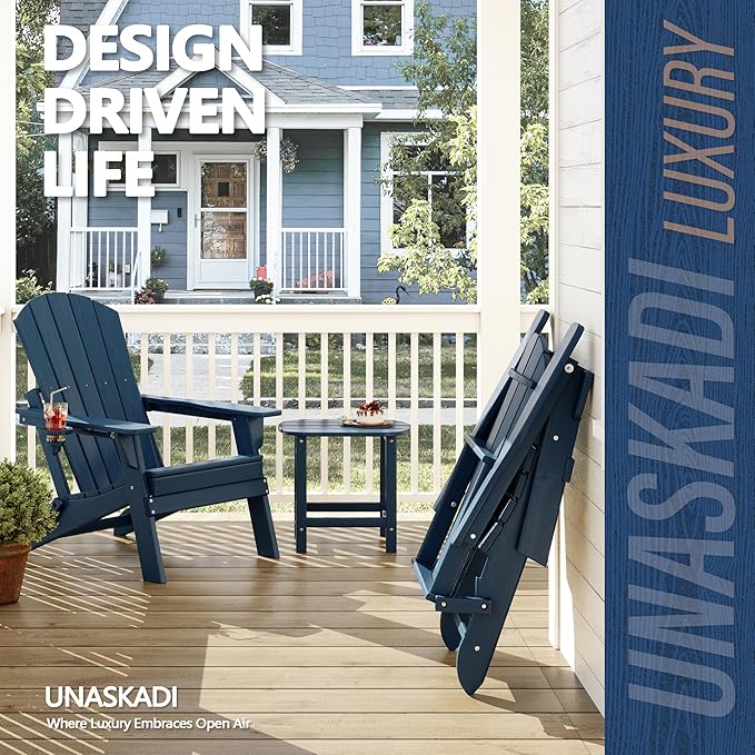 Folding Adirondack Chair Set of 2 with Cup Holder, HDPE All Weather Resistant Plastic Outdoor Patio Chairs, Heavy Duty Fire Pit Seating for Backyard Lawn Garden, Wooden Textured Design(Navy Blue)