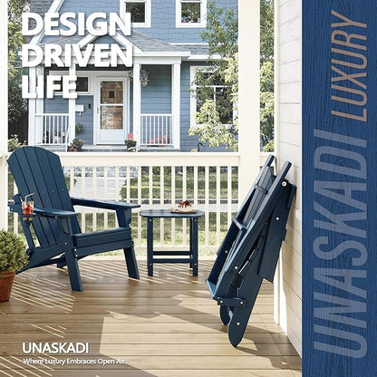 Folding Adirondack Chair Set of 2 with Cup Holder, HDPE All Weather Resistant Plastic Outdoor Patio Chairs, Heavy Duty Fire Pit Seating for Backyard Lawn Garden, Wooden Textured Design(Navy Blue)