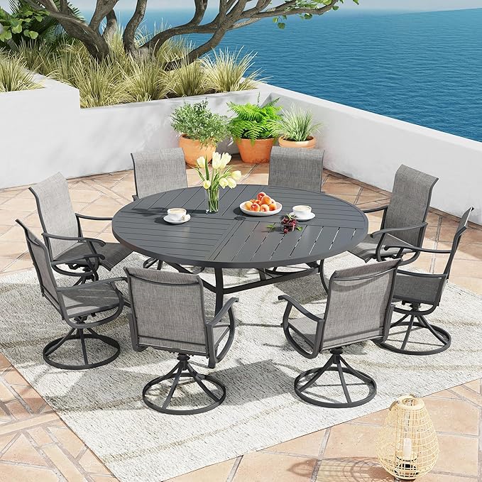 Patio Dining Table for 8-10, Round Metal Outdoor Table with Storage Shelf, 1.57" Umbrella Hole - Photo 2