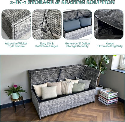 GIANGSUNNY 3 Patio Furniture Set with Storage, Outdoor Sectional Wicker Rattan Conversation Set with Loveseat & Glass Coffee Table, All-Weather Patio Seating (Grey, 3Pcs Set with Storage)