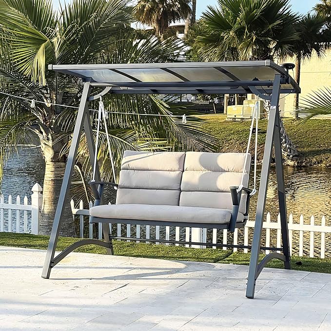 PURPLE LEAF Porch Swing 2 Person Patio Swing Chair with PVC Canopy Outdoor Deluxe Modern Yard Hammock Swinging Chairs w/Solar LED Light and Cushions for Backyard Glider Outside Loveseat Bench
