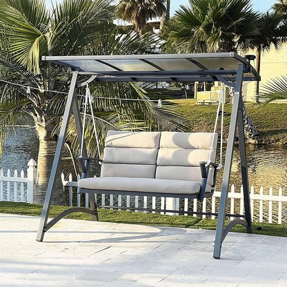 PURPLE LEAF Porch Swing 2 Person Patio Swing Chair with PVC Canopy Outdoor Deluxe Modern Yard Hammock Swinging Chairs w/Solar LED Light and Cushions for Backyard Glider Outside Loveseat Bench