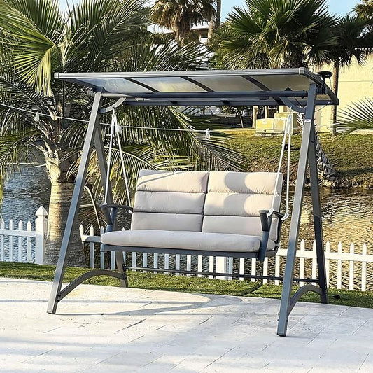 PURPLE LEAF Porch Swing 2 Person Patio Swing Chair with PVC Canopy Outdoor Deluxe Modern Yard Hammock Swinging Chairs w/Solar LED Light and Cushions for Backyard Glider Outside Loveseat Bench