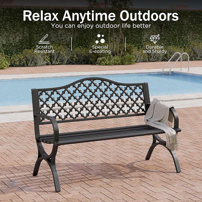 PHI VILLA 50" Garden Metal for Outdoors Weatherproof 2-Person Steel Furniture for Garden, Patio, Porch, Black - Photo 7