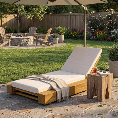 Christopher Knight Home Tory Acacia Wood Chaise Lounge Chair Outdoor, Poolside Sun Lounger Recliner, Patio Outdoor Chaise Lounge with Cushions, Adjustable Backrest Single Lounge Sofa, Beige+Teak