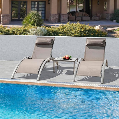 Domi Pool Lounge Chairs Set of 2 with Side Table, Aluminum Adjustable Outdoor Chaise Lounge, All Weather Poolside Chairs for Deck Lawn Poolside, Textilene (Khaki)