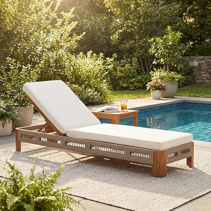 Christopher Knight Home Lamon Acacia Wood Chaise Lounge Chair Outdoor with Cushion, Wood Patio Chaise Lounge with Cushion, Poolside Sun Lounger, Adjustable Backrest Sunbathing Chair, Natural+Beige
