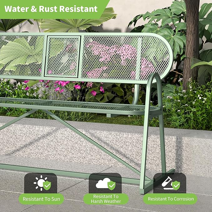 Outdoor Bench, Metal Mesh Garden Bench with Foldable Middle Table, 55" Weather Resistant Patio Park for 2-3 People, Decorative Porch Chair for Yard, Deck, and Lawn, Sage Green