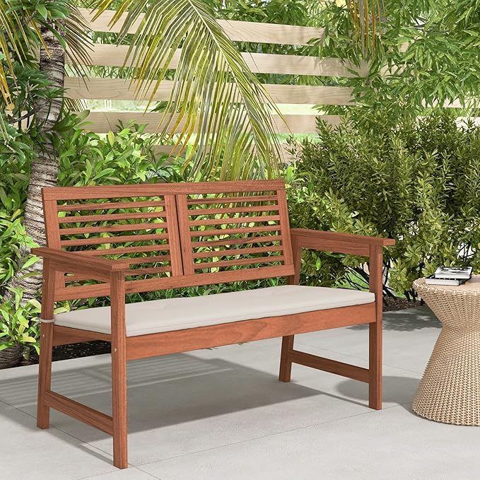 Tangkula Outdoor Bench with Cushion, 2-Person Patio Bench with Slatted Back & Seat, Removable Cushion, Conversation Loveseat Chair for Porch Lawn Garden Backyard Balcony (Off White)