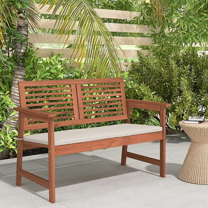 Tangkula Outdoor Bench with Cushion, 2-Person Patio Bench with Slatted Back & Seat, Removable Cushion, Conversation Loveseat Chair for Porch Lawn Garden Backyard Balcony (Off White)