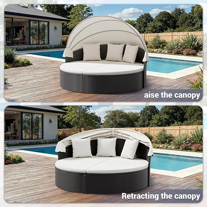 Patio Furniture Round Outdoor Daybed with Retractable Canopy Wicker Rattan Sectional Sofa for Lawn Garden Backyard Pool - Photo 4