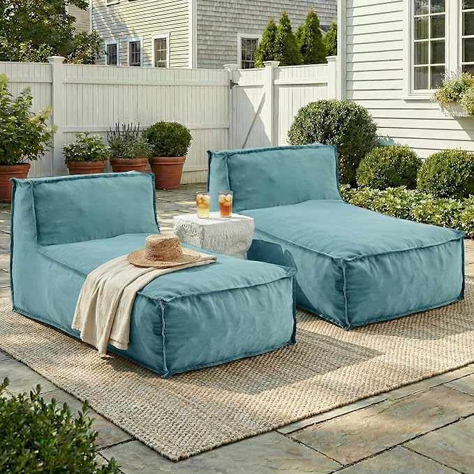 Merax Outdoor Bean Bag Lounge Chairs Set of 2, 61" Outdoor Chaise Lounger Chair with Foam Filled, Cozy Outdoor Bean Bag Couch for Patio Pool Desk, Water-Resistant Fabric Sun Lounger Chair, Teal
