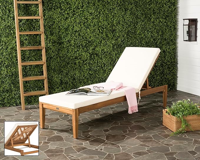 SAFAVIEH Outdoor Collection Azusa Natural Solid Wood/Beige Cushion Adjustable Chaise Lounge Chair (PAT6729A)