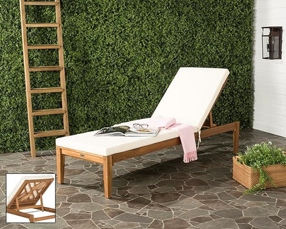 SAFAVIEH Outdoor Collection Azusa Natural Solid Wood/Beige Cushion Adjustable Chaise Lounge Chair (PAT6729A)