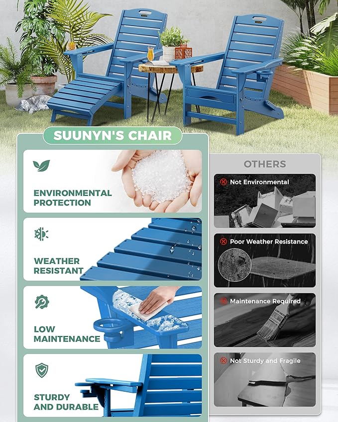Folding Adirondack Chair with Retractable Ottoman Weather Resistant Fire Pit Chair Patio Chair with 2 Cup Holder Lawn Outdoor Lounge Chair (Navy Blue)