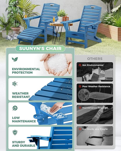 Folding Adirondack Chair with Retractable Ottoman Weather Resistant Fire Pit Chair Patio Chair with 2 Cup Holder Lawn Outdoor Lounge Chair (Navy Blue)