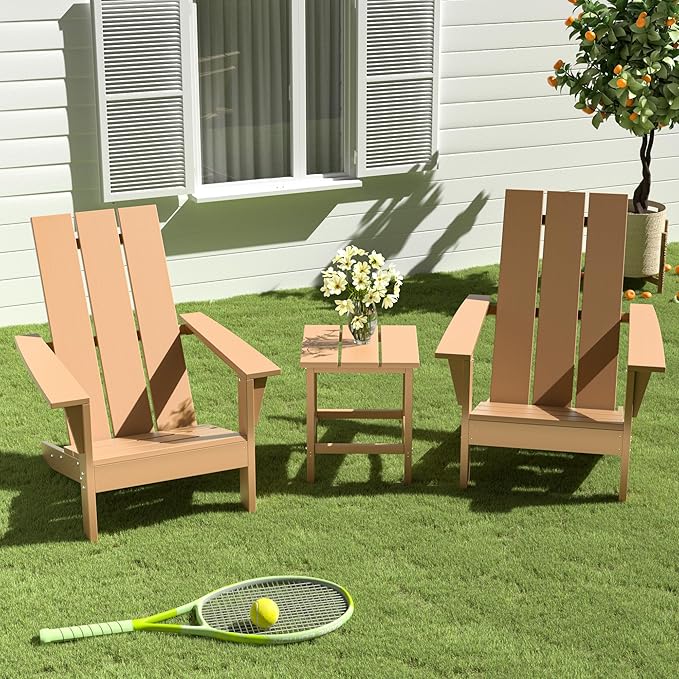 3 Pieces Adirondack Chair Set Outdoor Adirondack Chair Plastic HDPE All-Weather Adirondack Chairs Outdoor Fire Pit Chairs with Table for Deck Patio Garden（Brown）