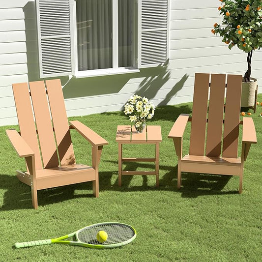 3 Pieces Adirondack Chair Set Outdoor Adirondack Chair Plastic HDPE All-Weather Adirondack Chairs Outdoor Fire Pit Chairs with Table for Deck Patio Garden（Brown）
