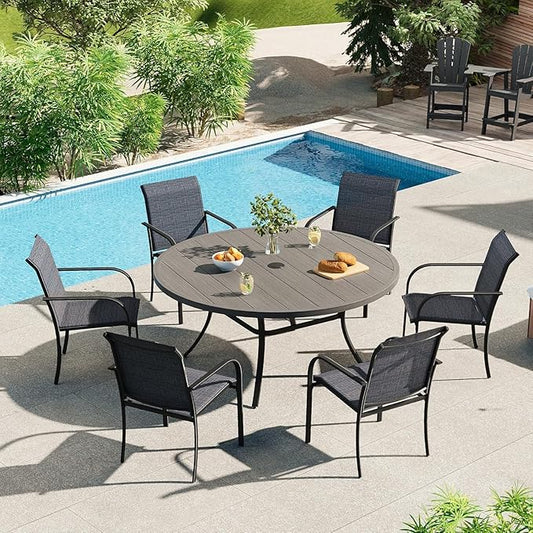 VICLLAX 50" Outdoor Round Patio Dining Table for 4-6, All Weather Metal Dining Table with Umbrella Hole for Deck Lawn Garden Backyard, Grey