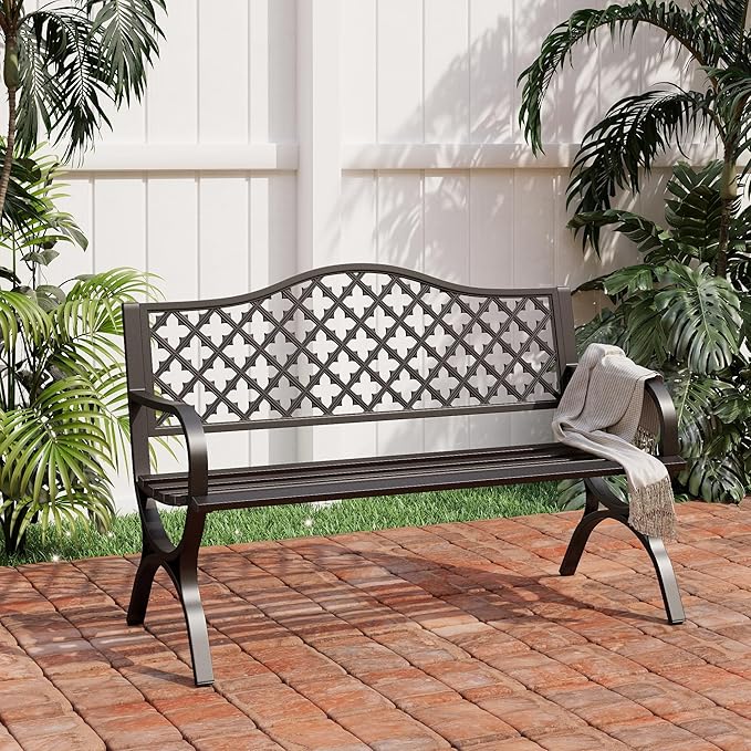 PHI VILLA 50" Garden Metal for Outdoors Weatherproof 2-Person Steel Furniture for Garden, Patio, Porch, Black - Photo 8