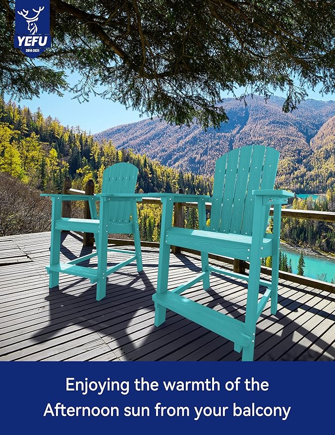 YEFU Tall Adirondack Chair Set of 2, Balcony Chair with Connecting Table, Poly Lumber Adirondack Chair, Patio Bar Stools, 380lbs, Weather Resistant for Outdoor Deck Lawn Pool-Aruba Blue