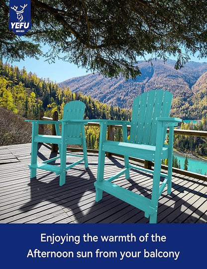 YEFU Tall Adirondack Chair Set of 4, Balcony Chair with Connecting Table, Poly Lumber Adirondack Chair, Patio Bar Stools, 380lbs, Weather Resistant for Outdoor Deck Lawn Pool-Aruba Blue