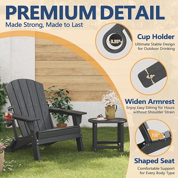 Folding Adirondack Chair Set of 2 with Cup Holders & Ottomans, HDPE All Weather Resistant Plastic Outdoor Patio Chairs - Photo 8