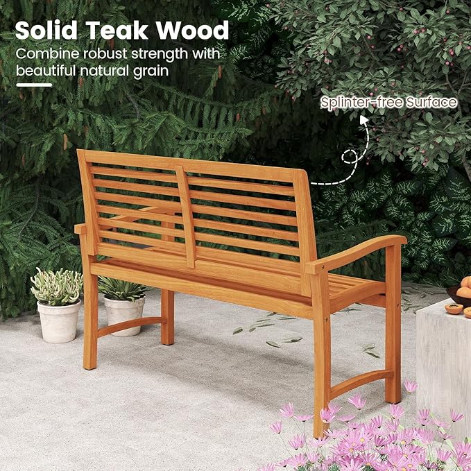 Tangkula Teak Wood Outdoor Bench with Backrest, Patio Garden Park Bench with Slatted Backrest & Seat, Curved Armrests, 800 lbs Capacity, 2-Person Outside Loveseat for Porch, Deck and Backyard