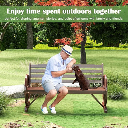 FIZZEEY Outdoor Bench - 52" Long Outside Garden Bench with Slatted Backrest & Wagon Wheel Armrests, Porch Furniture for Porch, Yard, Lawn, Rustic Brown