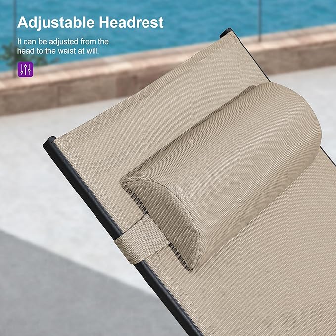 PURPLE LEAF Patio Chaise Lounge with 10' x 6.5' Tilt Umbrella Outdoor Lounge Chair Beach Pool Sunbathing Lawn Lounger, Base and Side Table Included, Taupe