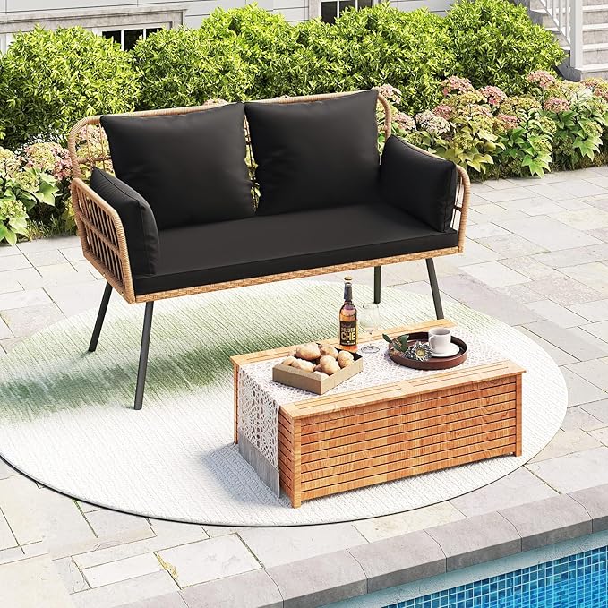 HAPPYGRILL Patio Loveseat Sofa Rattan Wicker 2-Seater Couch with Cushions & Lumbar Pillows, Metal Legs, Outdoor Furniture for Balcony, Porch, Deck (Black)