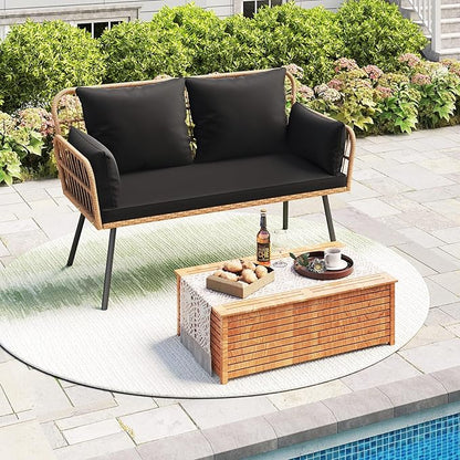 HAPPYGRILL Patio Loveseat Sofa Rattan Wicker 2-Seater Couch with Cushions & Lumbar Pillows, Metal Legs, Outdoor Furniture for Balcony, Porch, Deck (Black)