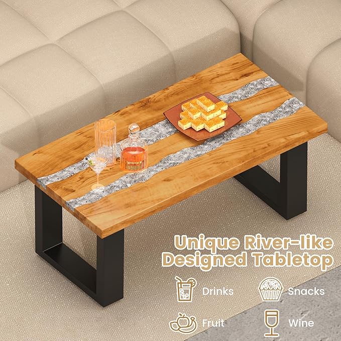 Giantex Teak Outdoor Coffee Table, Rectangular Resin Side Table with River Feel Epoxy Tabletop, Indoor Outdoor Solid Wood Center Table, Patio Table for Living Room, Poolside, Backyard