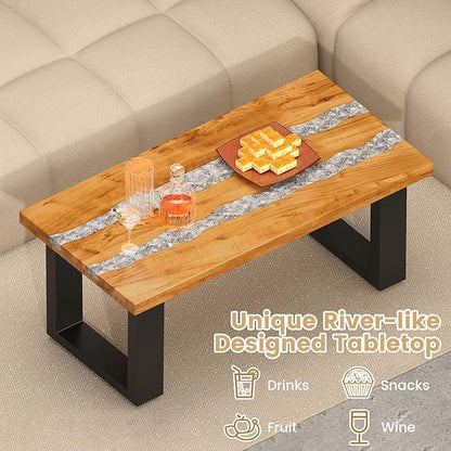 Giantex Teak Outdoor Coffee Table, Rectangular Resin Side Table with River Feel Epoxy Tabletop, Indoor Outdoor Solid Wood Center Table, Patio Table for Living Room, Poolside, Backyard