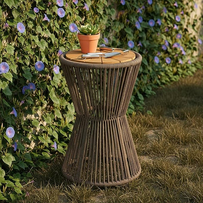 Merax Bohemian Round Outdoor Side Table with Acacia Wood Top and Dark Grey Handwoven Rope Base, Elegant Hourglass Design Patio Coffee Table for Garden, Pool, Balcony, Yard, 25.8" Height, No Assembly