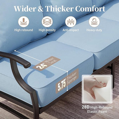 Metal Patio Furniture Sofa with 5.75" Extra Thick Waterproof Cushion, 3-Seater Deep Seating & High-Back Outdoor Couch All Weather Outdoor Seating for Backyard Deck Front Porch, Blue
