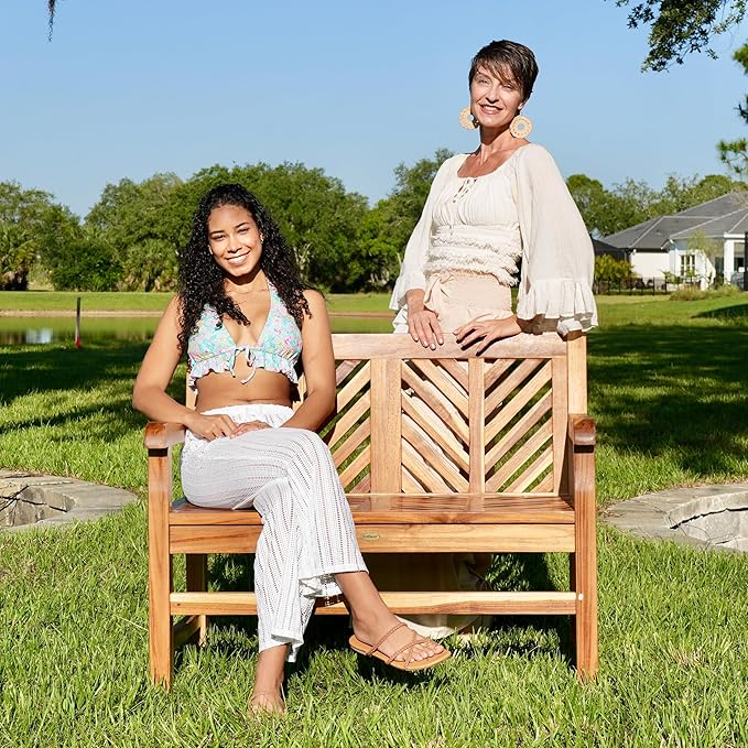 EcoDecors Eleganto 41 inch Outdoor Bench Teak Wood Garden Bench for Patio with Armrests and Backrest for Indoor Use and Outdoor, in Natural Color