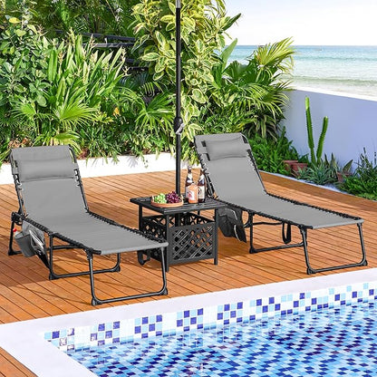 Yaheetech 22.4" Outdoor Folding Tanning Chair, Chaise Lounge Chairs with 5 Back Position Adjustable, Extended Portable Lounger for Beach, Patio, Gray