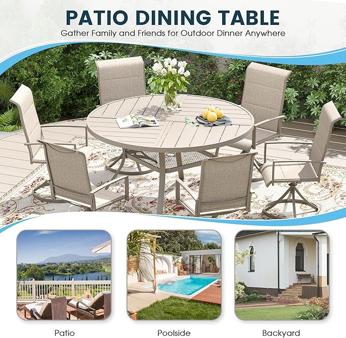 Patio Dining Table for 4-6, Round Metal Outdoor Table with Storage Shelf, 1.57" Umbrella Hole, 47" Outdoor Quartered Tabletop Dining Table for Backyard, Porch, Lawn, Sand