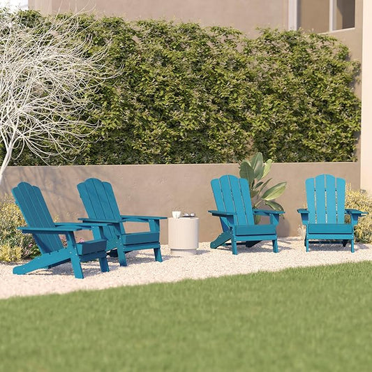 Flash Furniture Newport Adirondack Chairs with Cup Holders, Weather Resistant Poly Resin Adirondack Chairs, Set of 4, Blue