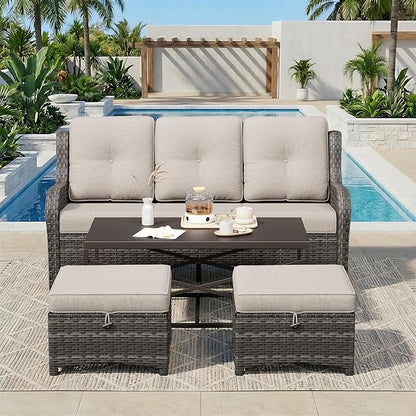4-Piece Outdoor Couch Set, Includes Wicker Patio Sofa with Thickened Olefin Cushions, High Back and Deep Seating, Hand-Woven PE Rattan and 2 Ottomans, 1 Coffee Table for Porch, Deck