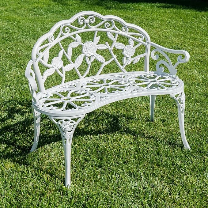 Wrought Iron Bench Curved Steel Rose Pattern Patio Garden Chair Antique Style Backyard Home Seat Loveseat Metal White Outdoor Indoor Pool Side Bristo Double Sitting Balcony Home Office Solid Legs
