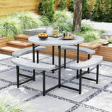 Giantex Picnic Table Bench Set for 4-8 Person, Round 37” Outdoor Dining Table w/Umbrella Hole, HDPE Tabletop - Photo 2