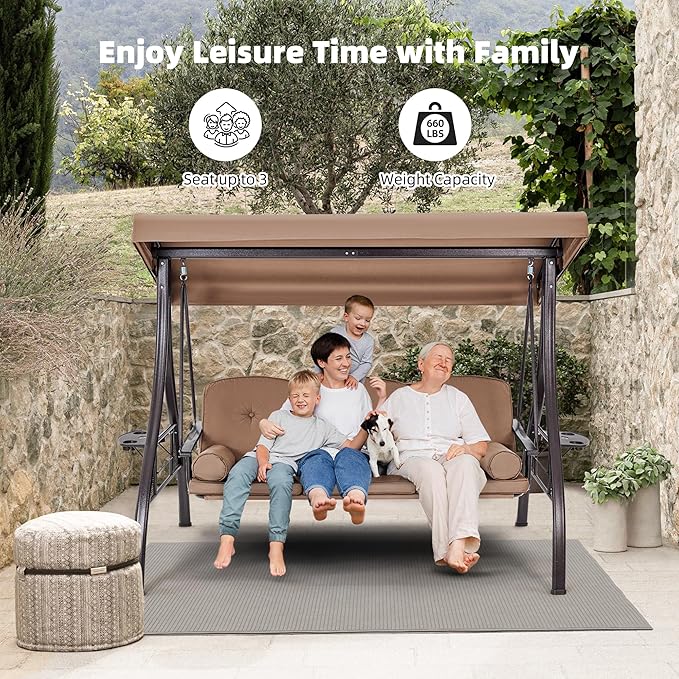HOMREST 3 Seat Outdoor Porch Swing with 1.5" Deepened Cup Holder, Adjustable Canopy, Patio Swing Bed with Stand - Photo 5