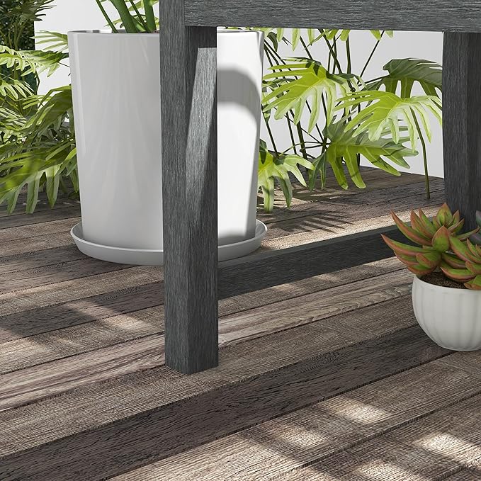 46" Outdoor Garden Bench, Metal Bench, Wood Look Slatted Frame Furniture for Patio, Park, Porch, Lawn, Yard, Deck, Gray